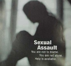 Grayscale image of a person sitting down's silhouette with the words: Sexual Assault: You are not to blame. You are not alone. Help is available.
