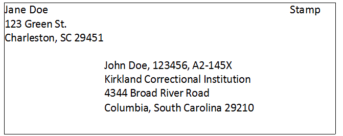 (Top left)Jane Doe; 123 Green St.; Charleston, SC 29451. (Envelope center) John Doe, 123456, A2-145X; Kirkland Correctional Institution; 4344 Broad River Road, Columbia, South Carolina 29210; (Top right) Stamp